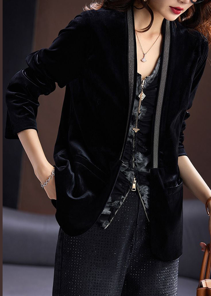 New Black V Neck Nail Bead Pockets Silk Velour Coats Long Sleeve