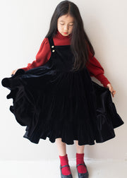 New Black Wrinkled Patchwork Silk Velour Kids Girls Long Dresses Fall