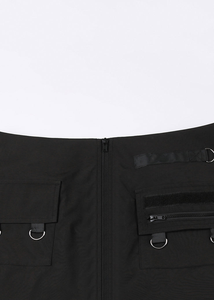 New Black Zippered Pockets Patchwork Cotton Skirts Summer