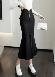 New Black Zippered Side Open High Waist Cotton Skirt Fall