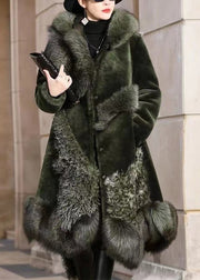 New Blackish Green Pockets Fox Collar Patchwork Fuzzy Fur Coats Winter