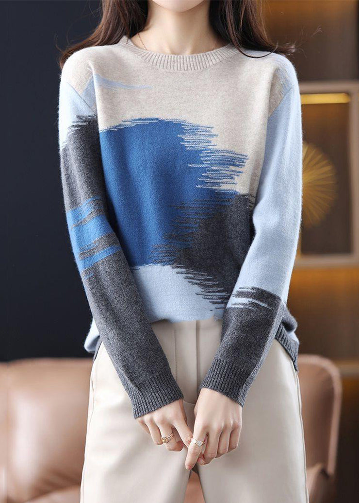 New Blue Black O Neck Patchwork Knit Top Long Sleeve