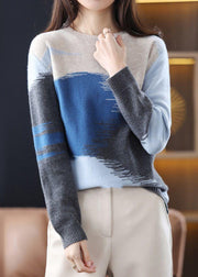 New Blue Black O Neck Patchwork Knit Top Long Sleeve