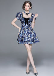 New Blue Bow Wrinkled Print Patchwork Cotton Mid Dress Puff Sleeve