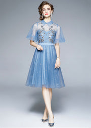 New Blue Embroidered Sequins Patchwork Tulle Mid Dress Puff Sleeve