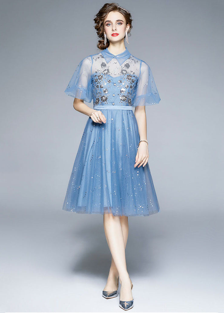 New Blue Embroidered Sequins Patchwork Tulle Mid Dress Puff Sleeve