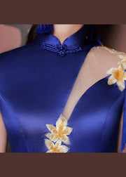 New Blue Embroidered Wrinkled Tulle Patchwork Silk Dress Short Sleeve