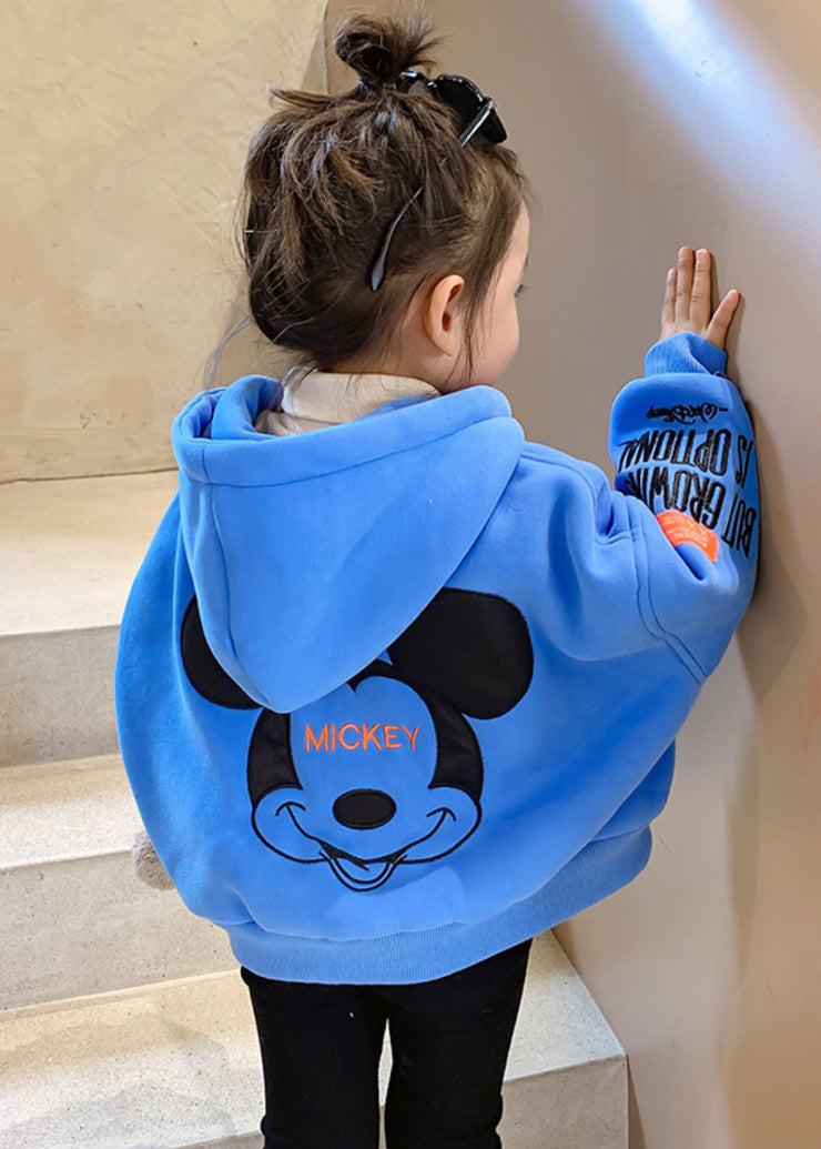 New Blue Hooded Zippered Graphic Cotton Baby Girls Coat Spring