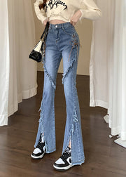New Blue Lace Up High Waist Denim Flared Trousers Spring