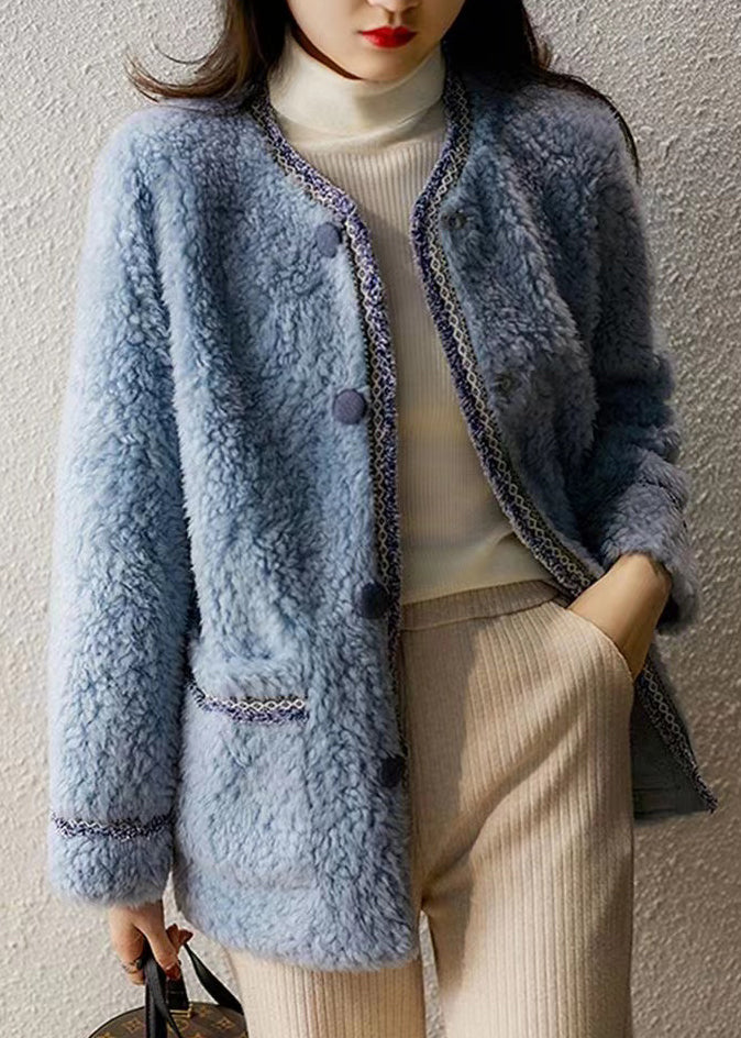 New Blue O Neck Pockets Button Patchwork Woolen Coat Winter
