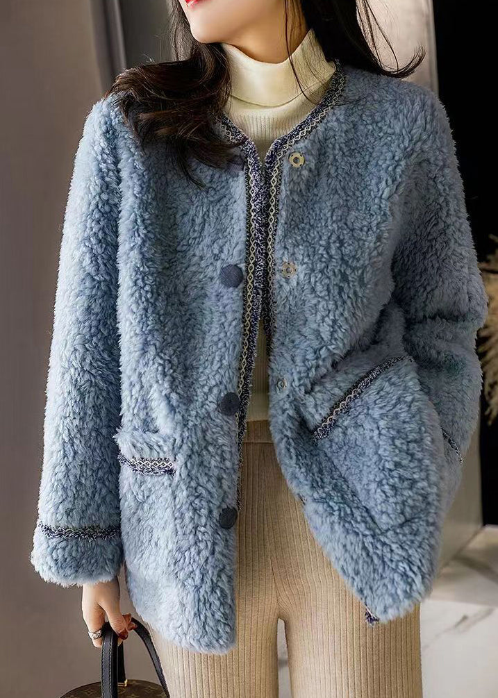 New Blue O Neck Pockets Button Patchwork Woolen Coat Winter