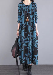 New Blue O Neck Print Wrinkled Patchwork Cotton Long Dress Fall