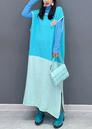 New Blue O Neck Side Open Patchwork Knit Waistcoat Dresses Sleeveless