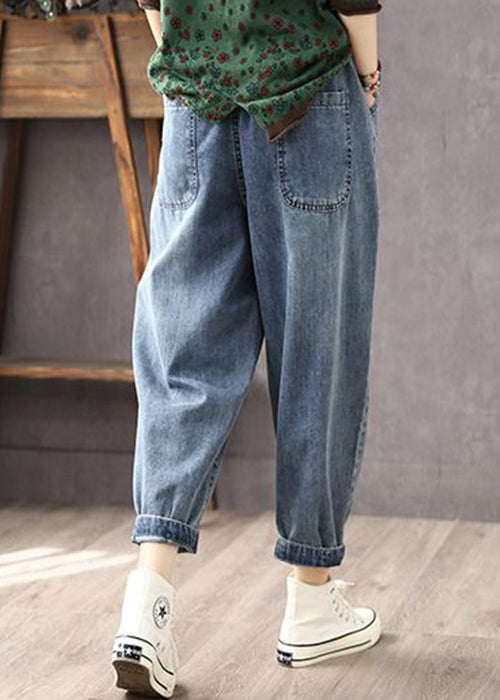 New Blue Pockets Elastic Waist Patchwork Jeans Spring