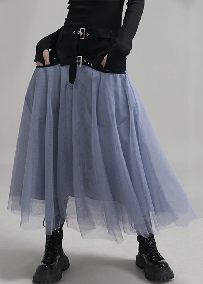 New Blue Pockets Elastic Waist Patchwork Tulle Skirt Summer