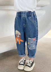New Blue Print Pockets Elastic Waist Denim Girls Crop Pants Spring