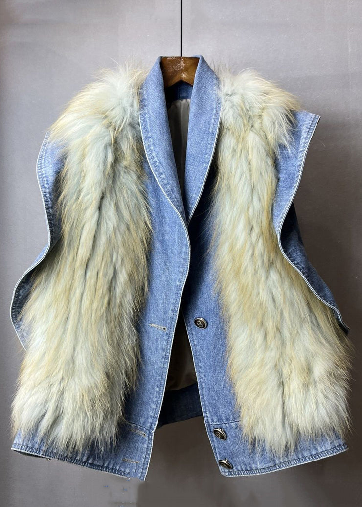 New Blue Ruffled Fuzzy Fur Fluffy Patchwork Denim Waistcoat Sleeveless