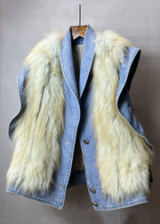 New Blue Ruffled Fuzzy Fur Fluffy Patchwork Denim Waistcoat Sleeveless
