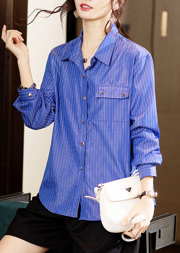 New Blue Striped Button Patchwork Cotton Shirts Long Sleeve