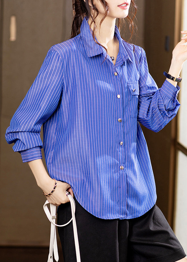 New Blue Striped Button Patchwork Cotton Shirts Long Sleeve