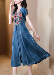 New Blue V Neck Embroidered Patchwork Denim Dress Summer