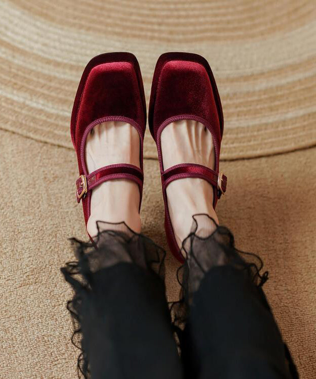 New Boutique Wine Red One Line Buckle Velour High Heels