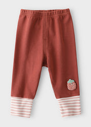 New Brick Red Elastic Waist Patchwork Cotton Kids Girls Pants Spring