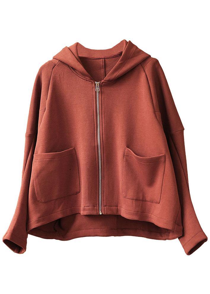 New Brick Red hooded zippered Pockets Fall Sweatshirts Top - SooLinen