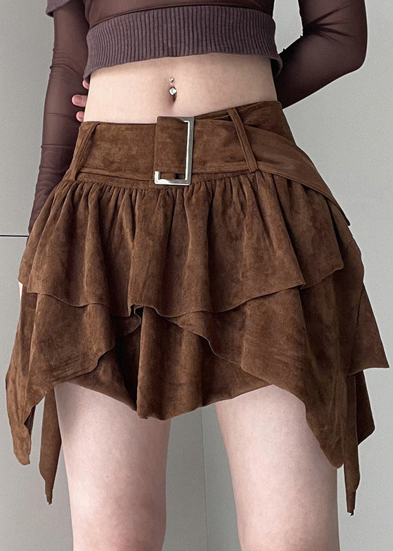 New Brown Asymmetrical Sashes Patchwork Faux Suede Skirt Fall