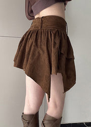 New Brown Asymmetrical Sashes Patchwork Faux Suede Skirt Fall