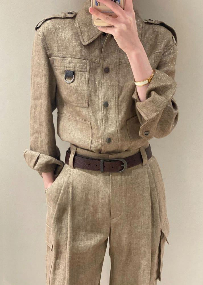 New Brown Button Pockets Patchwork Cotton 2 Piece Outfit Fall