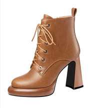 New Brown Cross Strap Splicing Cowhide Leather High Heel Boots