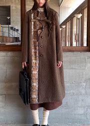 New Brown Peter Pan Collar Pockets Patchwork Woolen Coat Winter