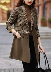New Brown Plaid Pockets Patchwork Woolen Coat Long Sleeve