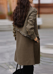 New Brown Plaid Pockets Patchwork Woolen Coat Long Sleeve