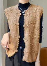 New Camel O Neck Button  Cotton Knit Waistcoat Sleeveless