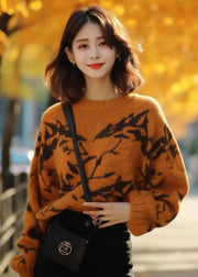 New Caramel O Neck Print Cotton Knit Sweaters Long Sleeve