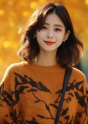 New Caramel O Neck Print Cotton Knit Sweaters Long Sleeve