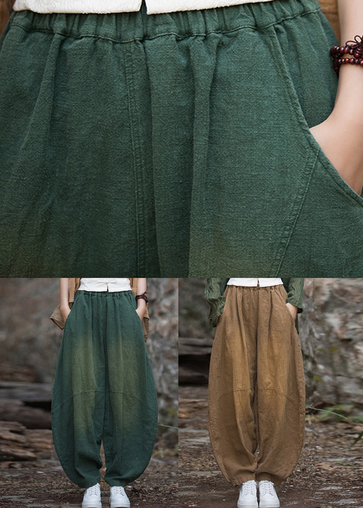 New Casual Green Pockets Patchwork Linen Lantern Pants Fall