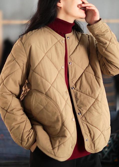New Casual Warm Coat Khaki O Neck Pockets Women Coat - SooLinen