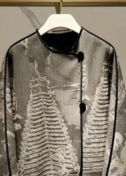 New Chinese Style Button Grey Jacquard Shirt Top Autumn