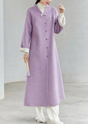 New Chinese Style Purple V Neck Button Patchwork Loose Woolen Coats Winter