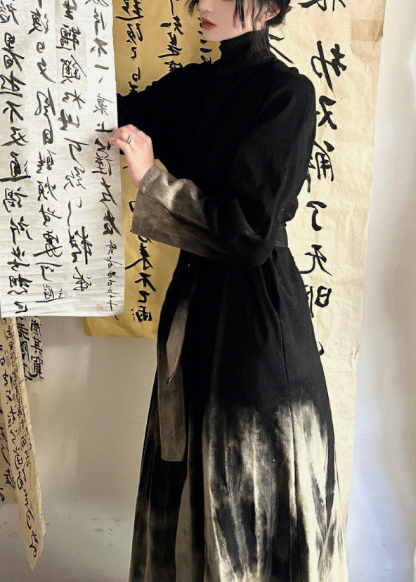 New Chinese Style Tie Dye Stand Collar Tie Waist Denim Dress Autumn