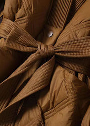 New Coffee Button Tie Waist Patchwork Thin Cotton Coat Winter