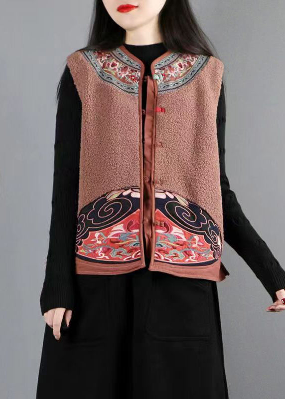 New Coffee Embroidered Button Patchwork Teddy Faux Fur Waistcoat Fall