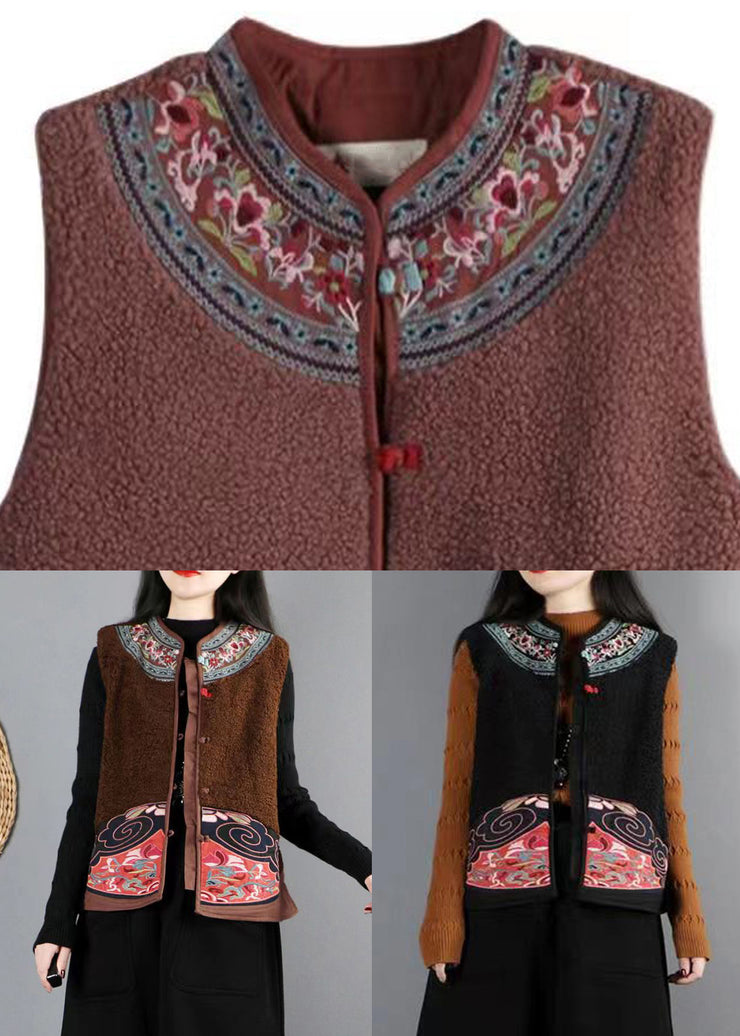 New Coffee Embroidered Button Patchwork Teddy Faux Fur Waistcoat Fall