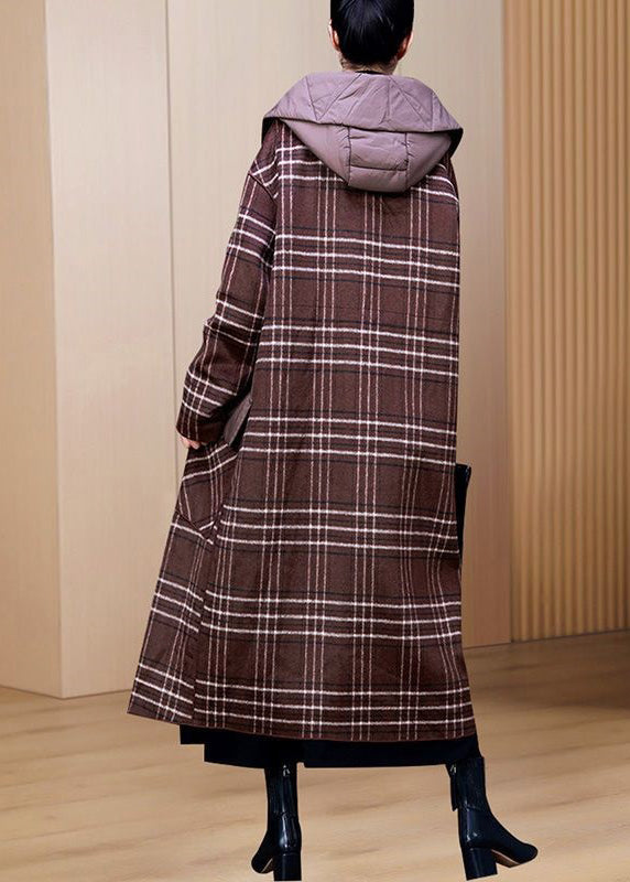 New Coffee Hooded Pockets Patchwork Thick Long Coat Winter