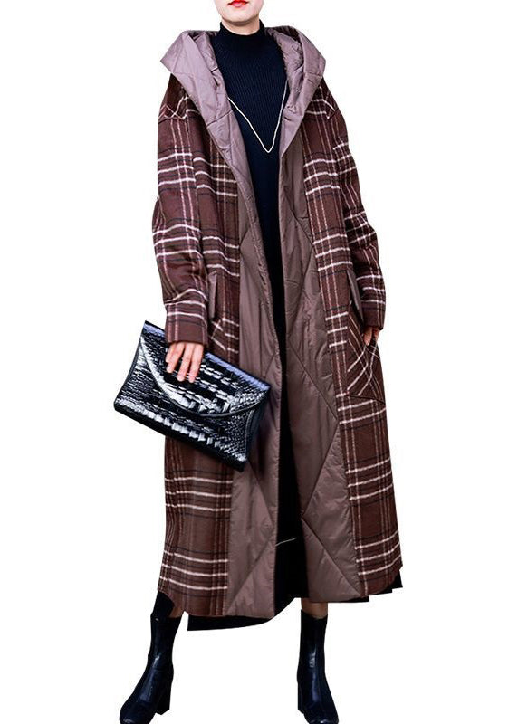 New Coffee Hooded Pockets Patchwork Thick Long Coat Winter