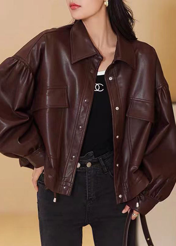 New Coffee Peter Pan Collar Pockets Faux Leather Jacket Spring