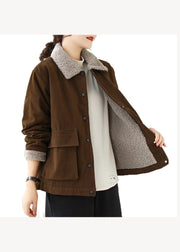 New Coffee Peter Pan Collar Pockets Fleece Wool Lined Jacket Winter